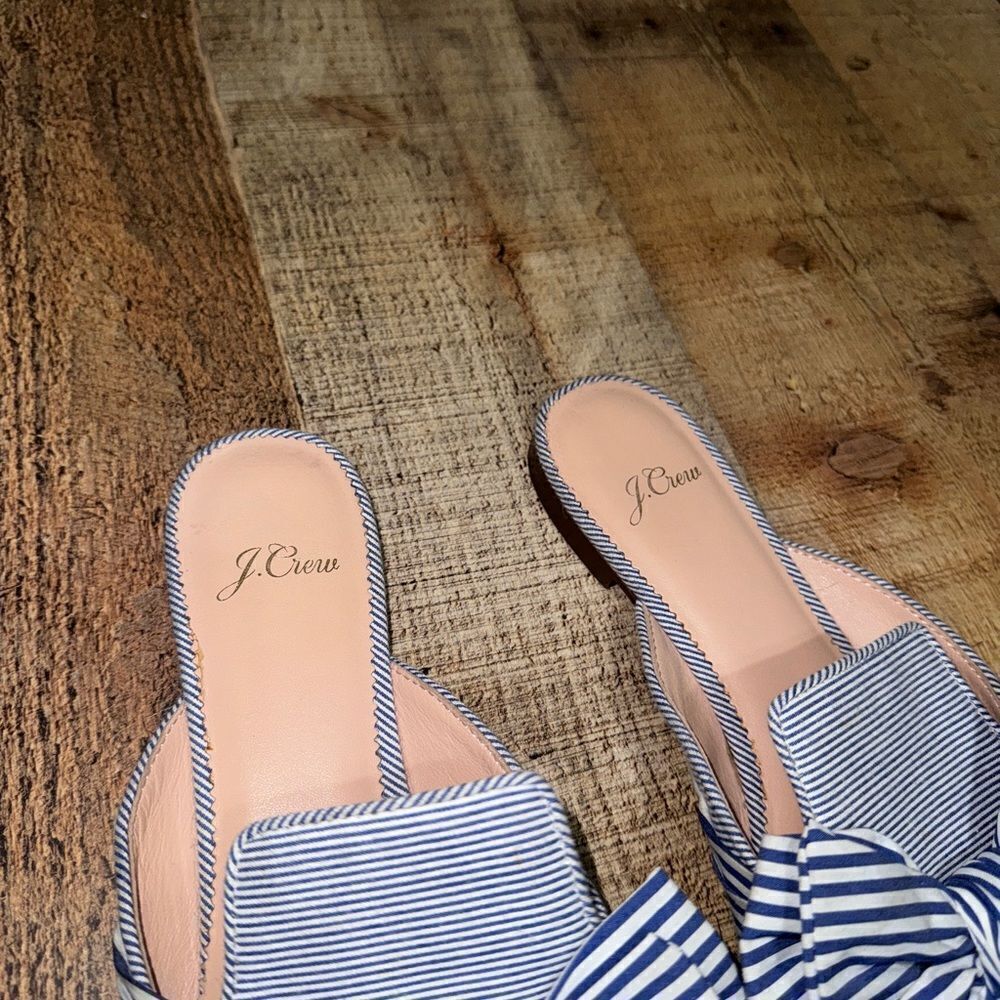 J.Crew Pointed Toe Mixed Stripe Bow Slides Blue White Mules Flats Fabric 7.5 - Picture 10 of 12
